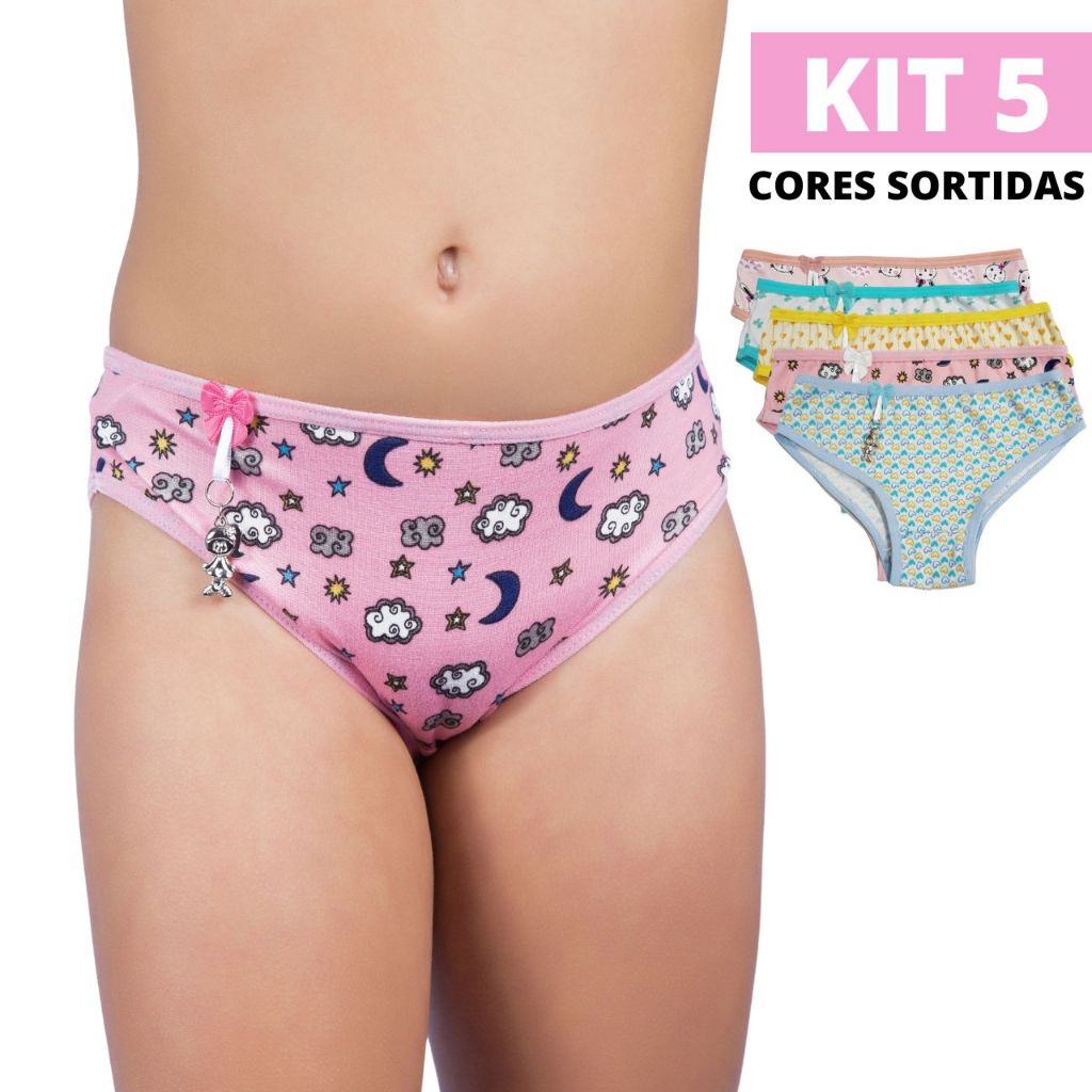 Kit 5 Calcinha Infantil Bia Pingente Suede Estampado Boa Elasticidade Forro 100% algodão Promoção