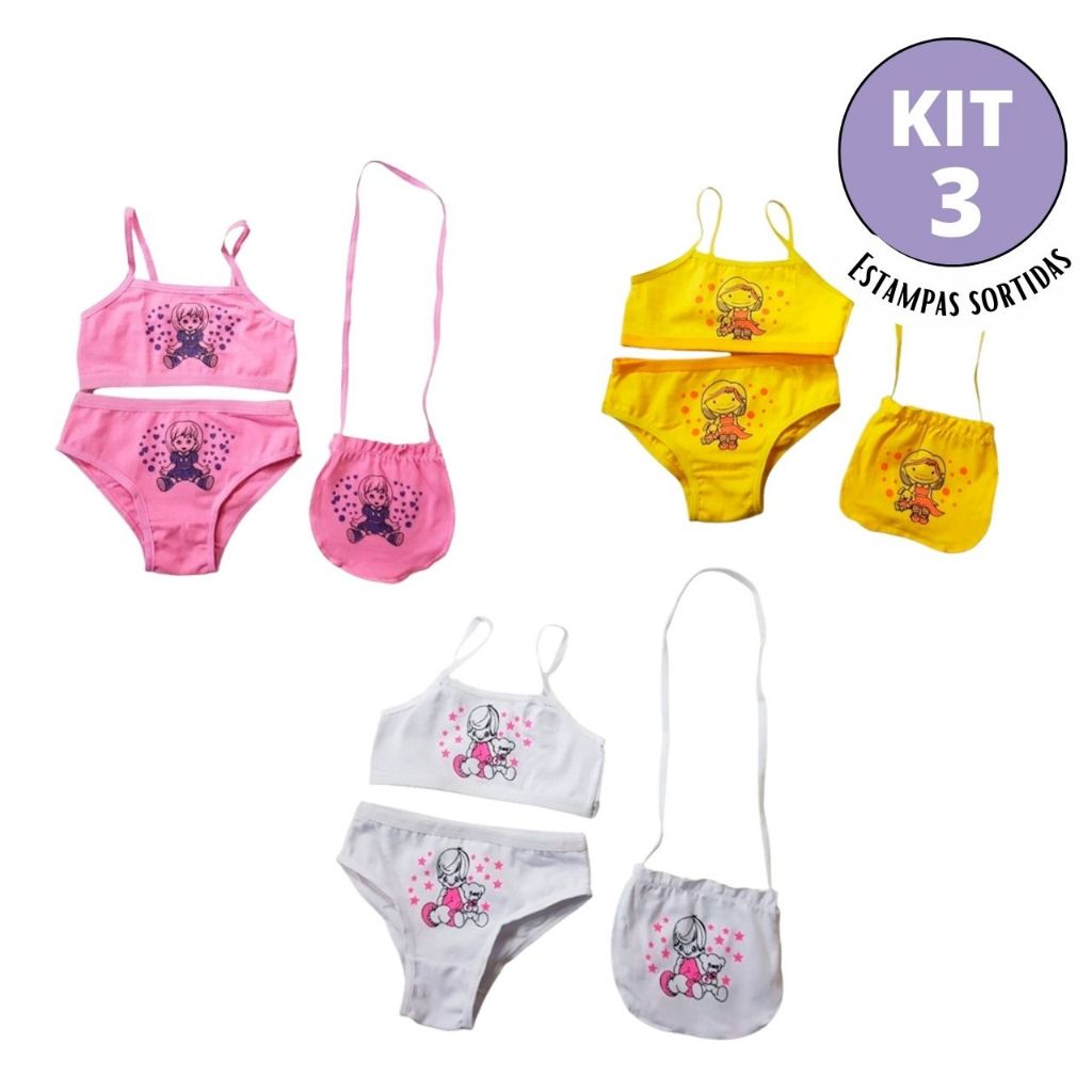 Kit 3 Conjunto Infantil Juju Algodão Calcinha + Sutiã top + Bolsinha Feminina Confortável Menina