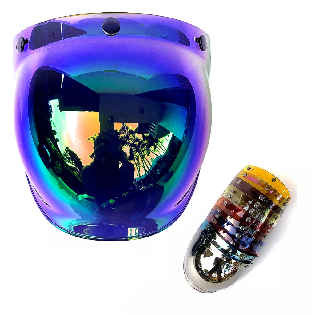 Viseira Bolha Camaleão para Capacete Aberto com 3 Botões de Pressão/Custom Harley Old Cafe Racer Moto Retrô anti-risco