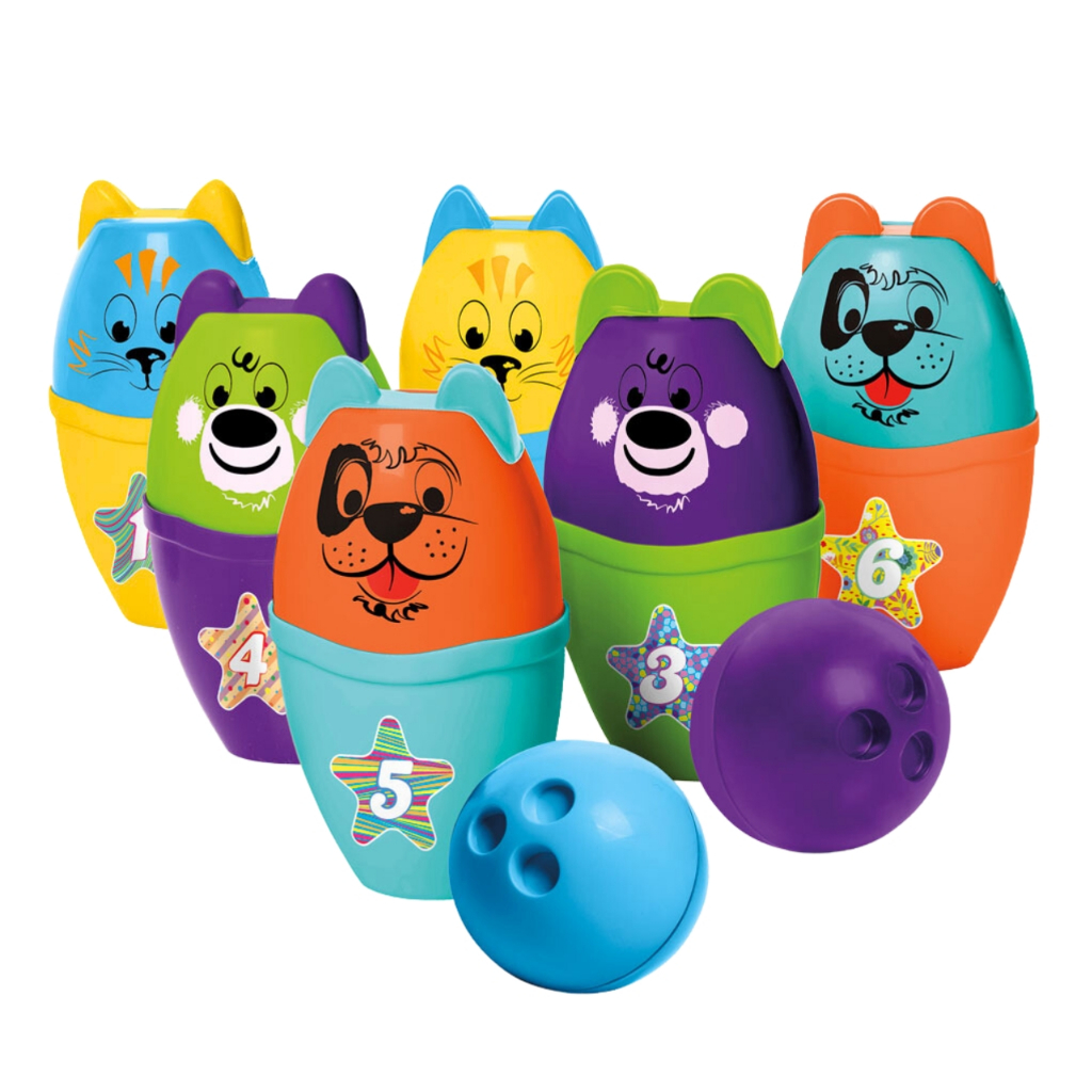 Jogo de Boliche Infantil 6 Pinos Grandes Animais 2 Bolas Desmontáveis Brinquedo Educativo Didático Bolinhas Presente