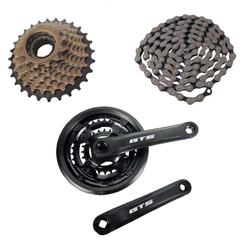 Kit Relação Bicicleta Aro 26 - 29 21v 3x7 Catraca Roda Livre 7 Velocidades + Pedivela GTS Reduzido + Corrente GTS Indexada