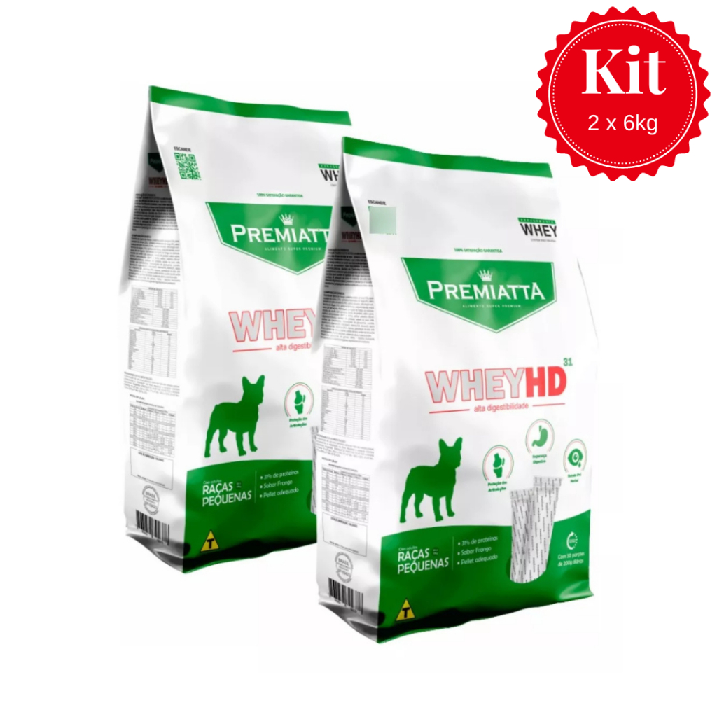 KIT 2 Rações de 6Kg Premiatta Whey Hd31 Cães Adultos Raças Pequenas (30X 200G) Embalagem Facilitadora Com Pacotinhos Ind