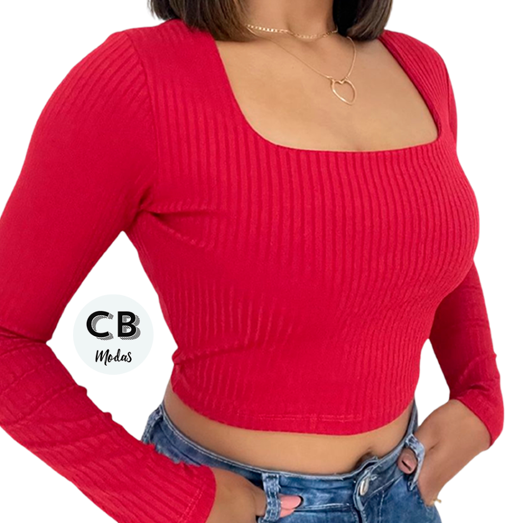 Cropped Manga Longa Canelado De Frio Inverno Blusa Feminina Básica Decote Quadrado