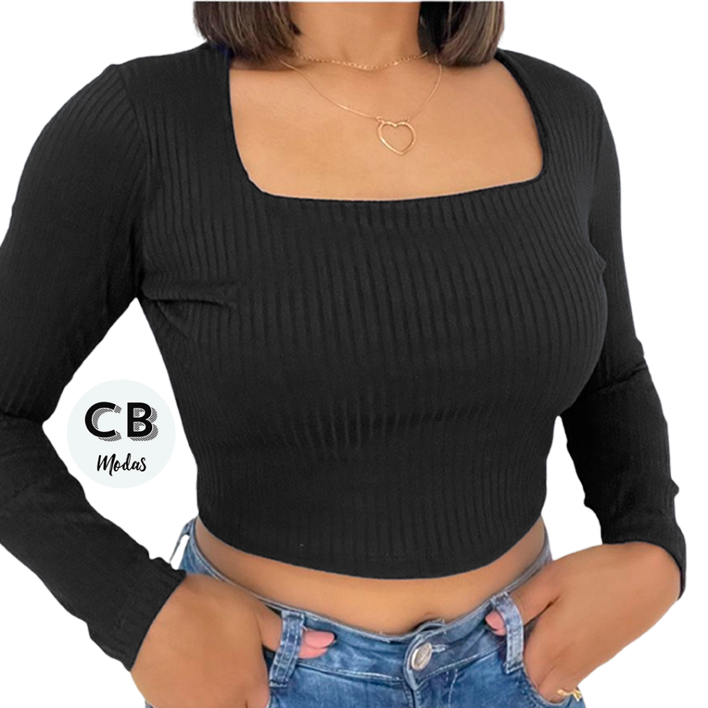 Blusa Feminina Cropped Canelado Manga Longa De Frio Inverno Básica Liso Decote Quadrado