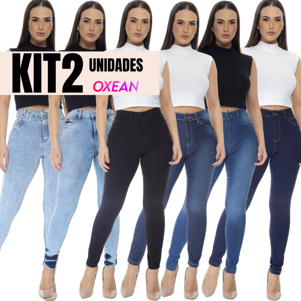 Kit 2 Calças Jeans Feminina Cintura Alta Com Lycra Levanta Bumbum