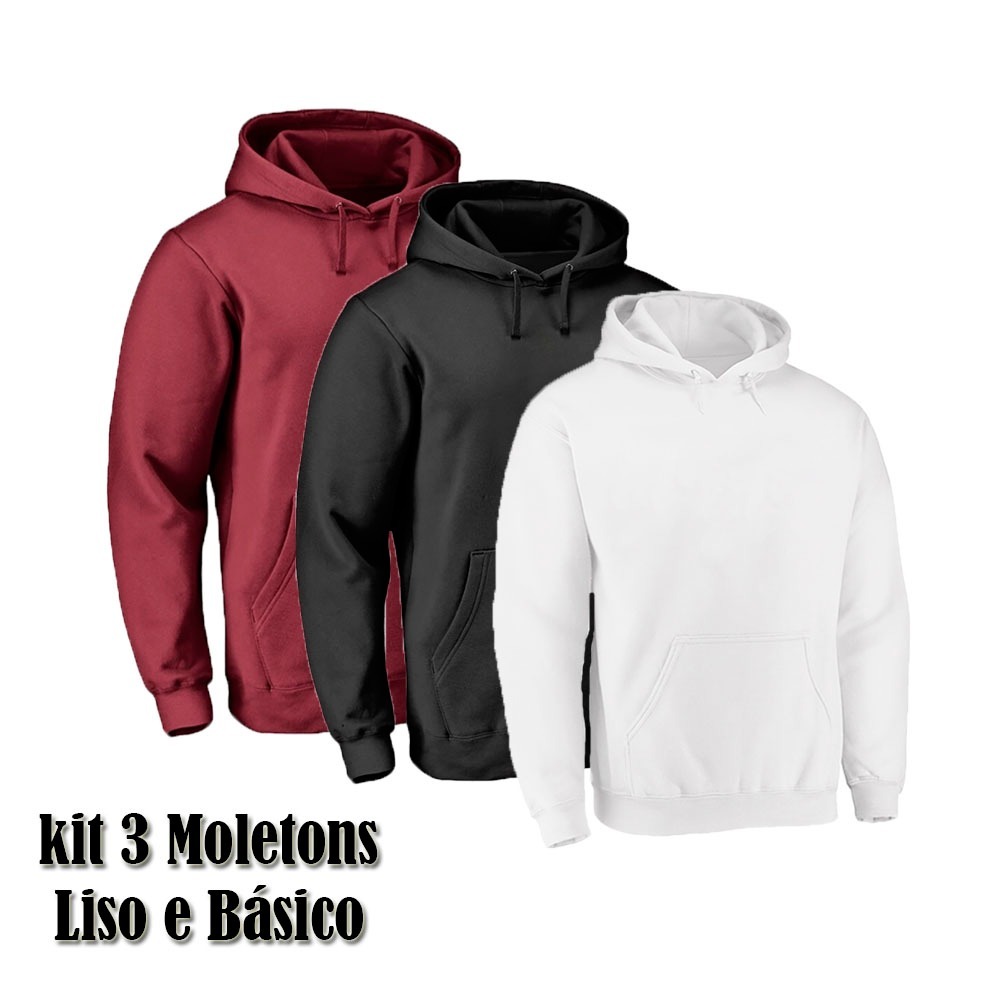 Kit 3 Blusas Moletom Lisa Básica com Bolso e Capuz Flanelada do P ao G1