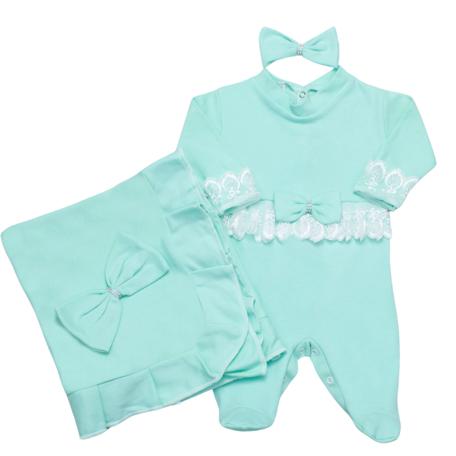 Saida de Maternidade Bebe Menina Olivia Verde Água 03 Peças de Algodão - Saída Para Bebê Elegante
