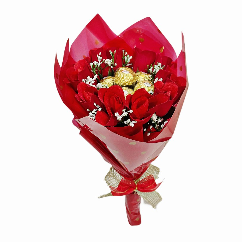 BUQUÊ MÉDIO DE CHOCOLATE FERRERO ROCHER E ROSAS ARTIFICIAIS em Oferta na Shopee