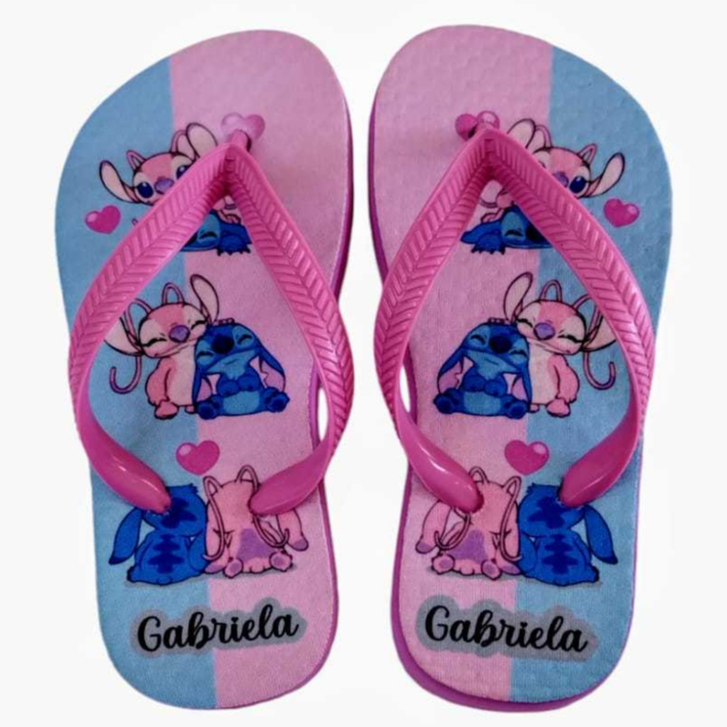 Chinelo Personalizado Stitch Rosa e Azul Desenho Infantil Feminino Estampado Com o Nome da Pessoa