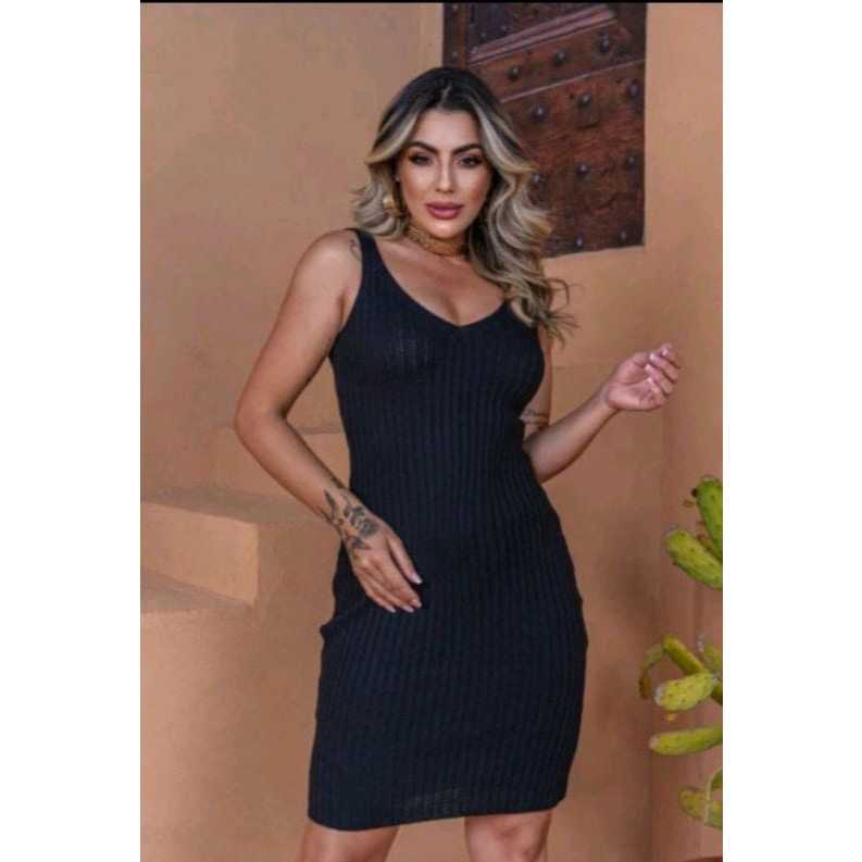 Vestido Midi Tricot Longo Elegante Decote V Regata Tubinho Moda Bloqueira Canelado