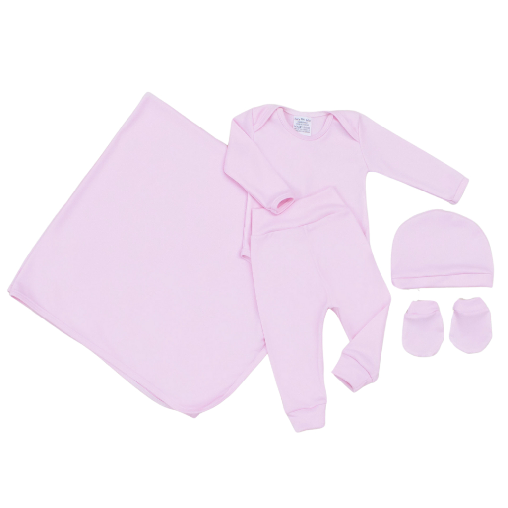 Saída Maternidade Menina 05 Peças Rosa Malha Ribana 100% Algodão Saida Maternidade Feminina Completa
