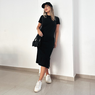 Vestido Feminino Midi Básico Manga Curta 100% Algodão Liso