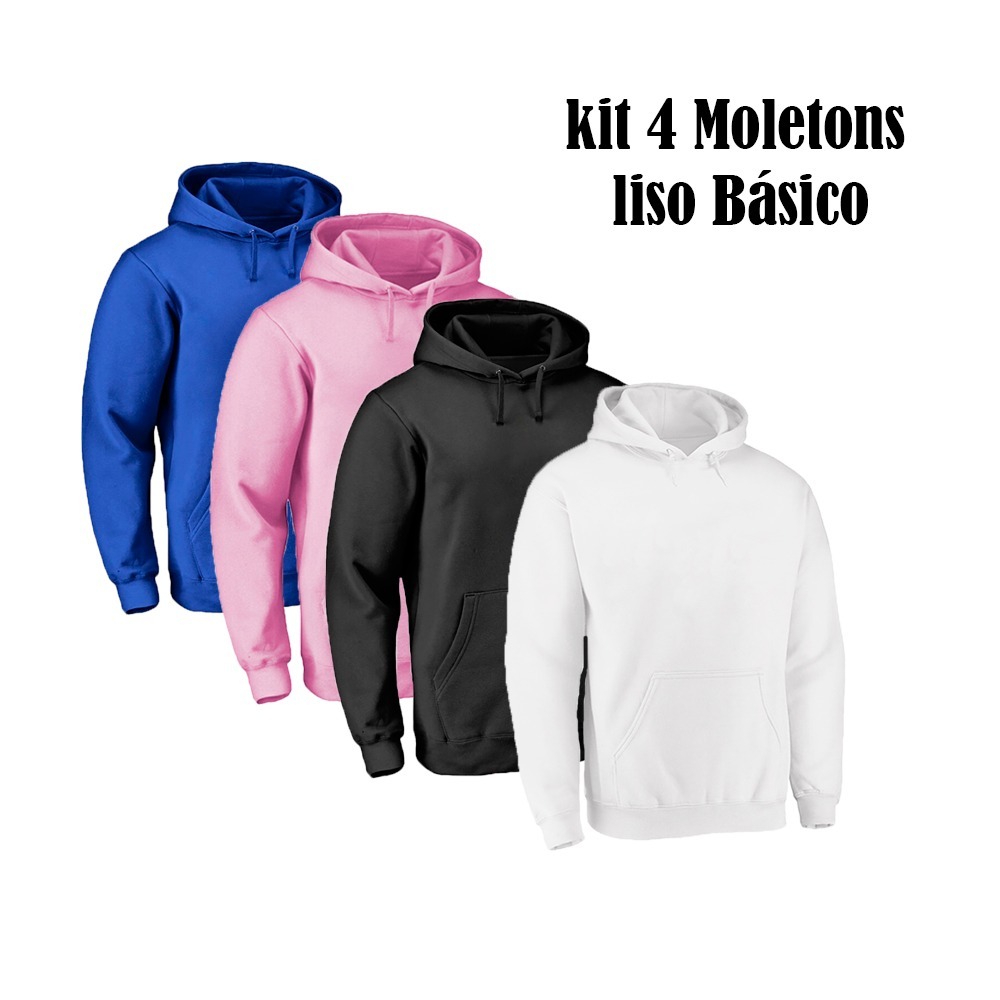 Kit 4 Blusas de Moletom Flanelada Lisa Básica com Bolso e Capuz do P ao G1