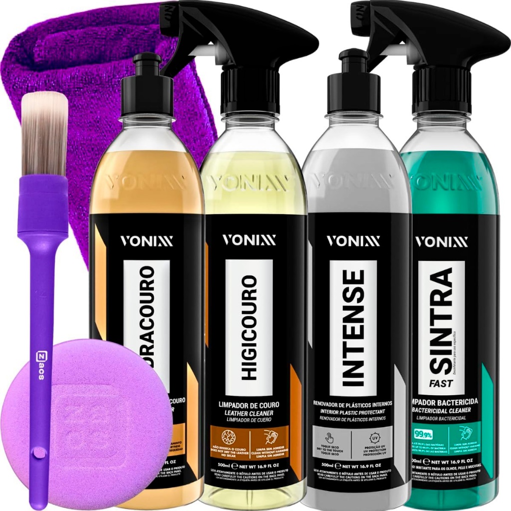 Kit hidratante Restaurador de Couro Hidracouro Higicouro Apc Sintra fast Revitalizador de pasticos Intense 500 ml Vonixx