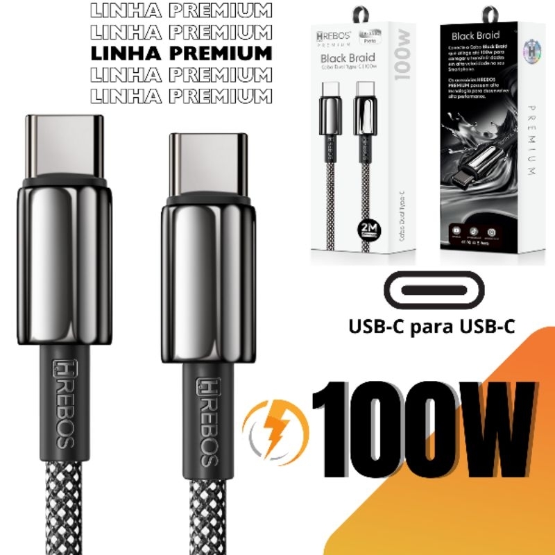 Cabo Tipo C 1 e 2 Metros Turbo 100W 2 Pontas USB-C Cabo em Nylon Premium