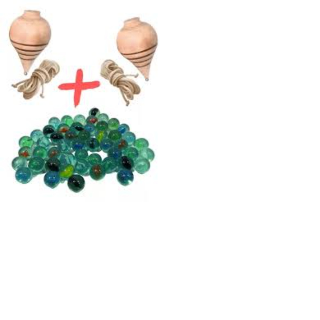 Kit com 40 Bolinhas de Gude + 2 Piões de Madeira com Fieiras Brinquedo retrô antiguidade