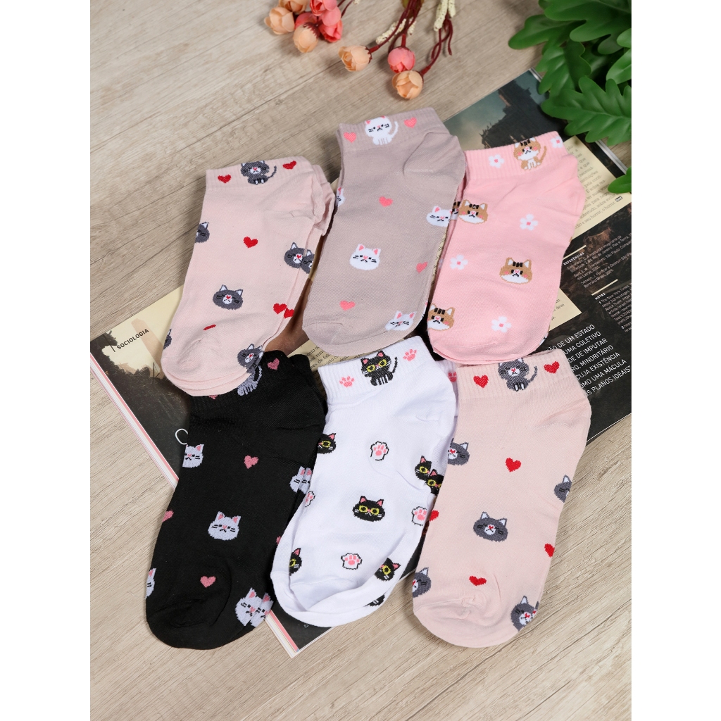 Kit 12/6 Pares Meias Feminina Soquete Cores Fofas 35ao40 com desenho em Oferta na Shopee