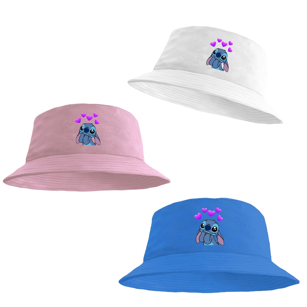 Chapéu Bucket Hat Unissex Barato Lançamento Moda Praia Verão Estampado Stitch Coração