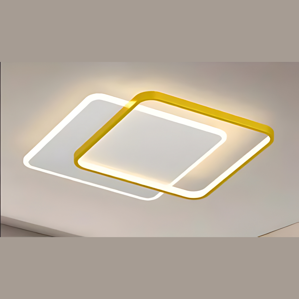 Luminaria Plafon Sobrepor Minimalista Quadrado 2 aneis Dourada