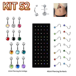 Kit 12 Piercing Umbigo 1 Zircônia Curvo + 40 pç Nostril Curvo Colorido-strass