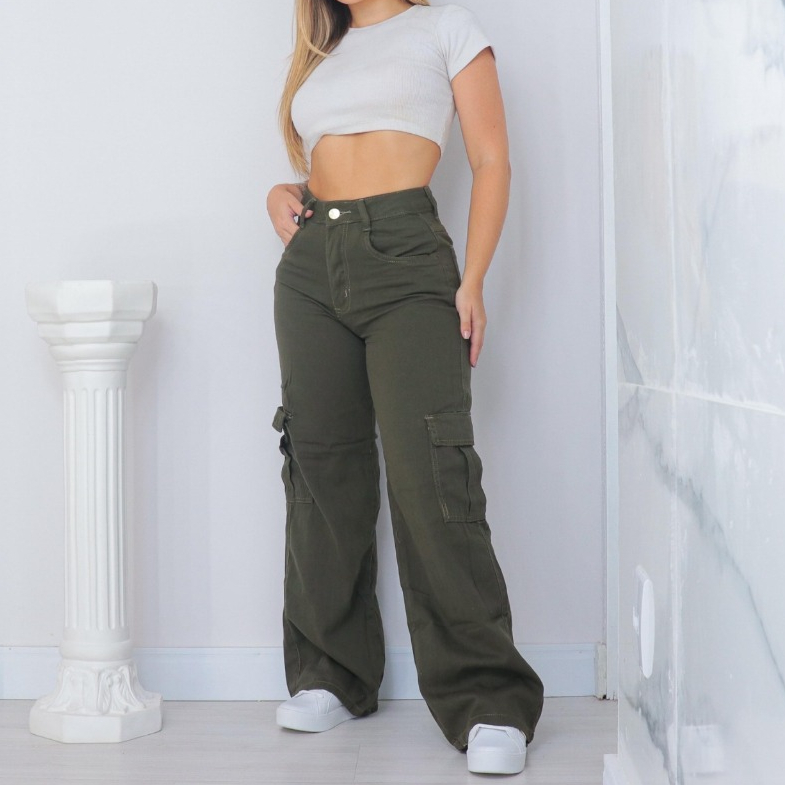Calça Cargo Jeans Verde Militar Feminina Wide Leg Moda Casual Blogueirinha em Oferta na Shopee