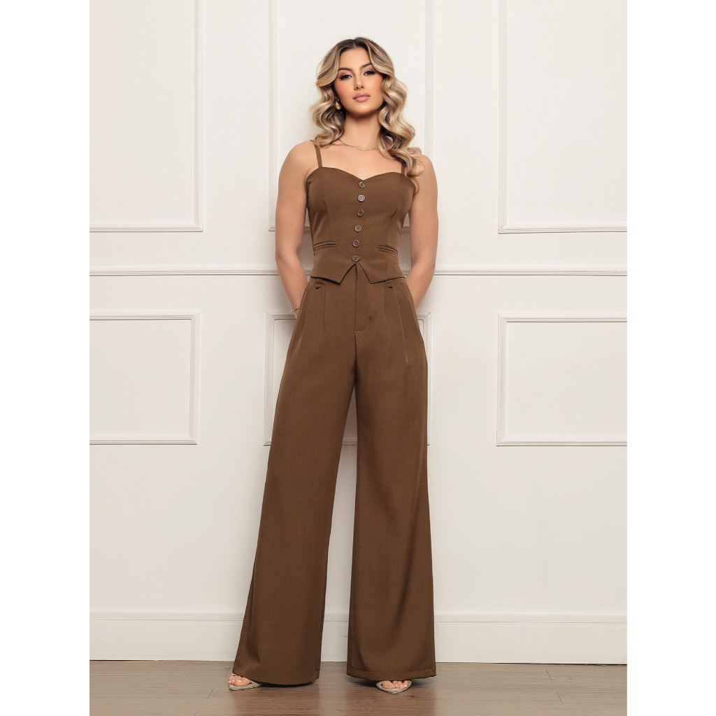 Conjunto em Alfaiataria Laris regata com alça costa elastano e Calça comprida Social/Casual em Oferta na Shopee