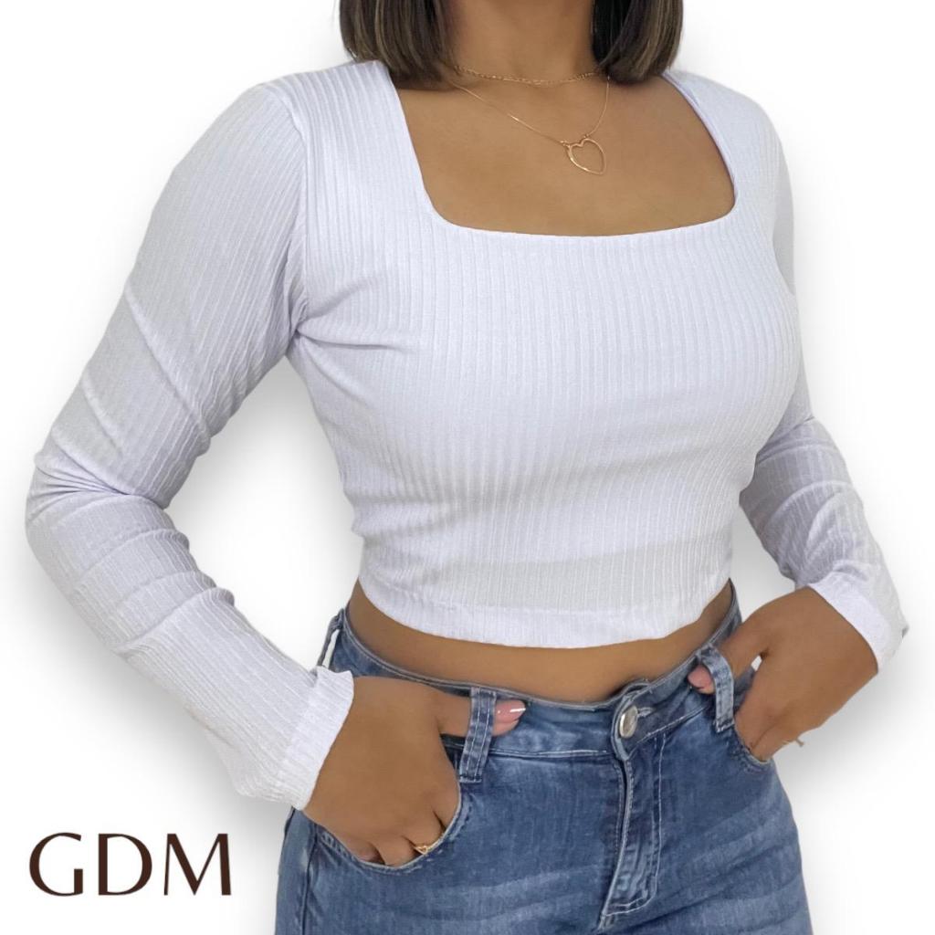 Blusinha  Feminina Cropped Feminino Canelado Manga Longa Decote Quadrado De Frio Inverno Básico