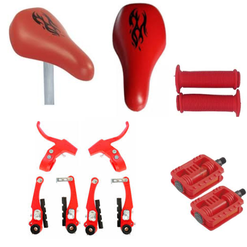 KIT PARA BICICLETA ARO 16 SELIM COM CANOTE + MANOPLA MIRIM + PEDAL MIRIM ROSCA FINA METALCICLO + FREIO NYLON COMPLETO PACO COLORIDO