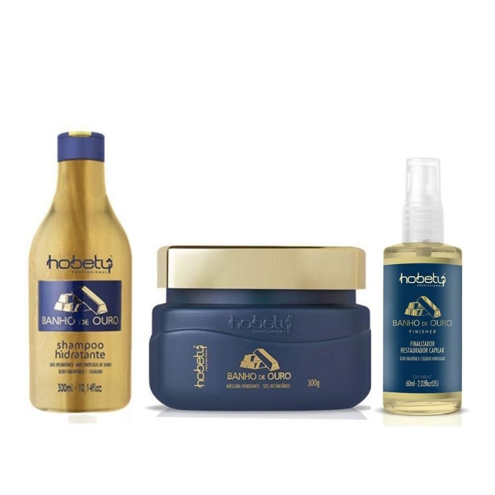 Hobety Kit Banho de Ouro Shampoo+Máscara 2x300 + Finalizador 60ml
