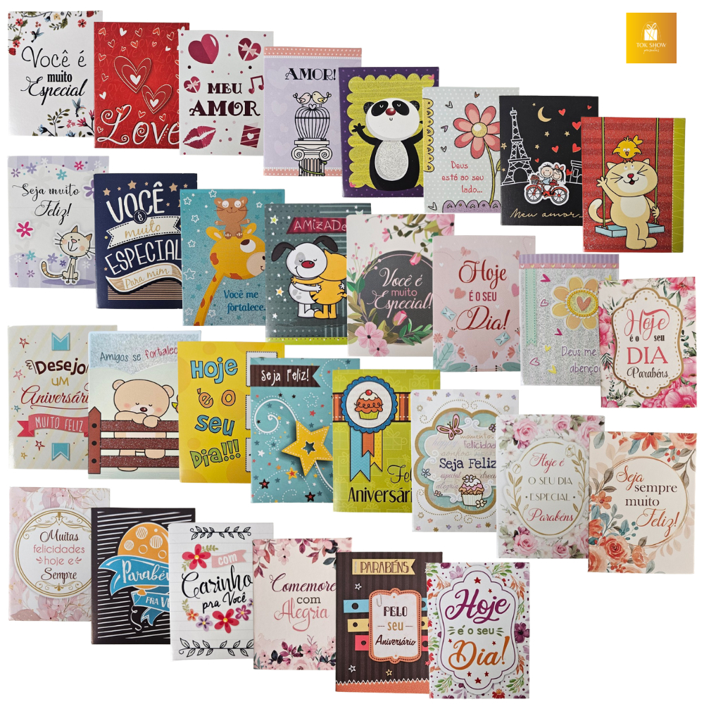 Kit 30 Cartões de Felicitações Diversos 5,5 x 7,2cm com Envelope Agência de Ideias