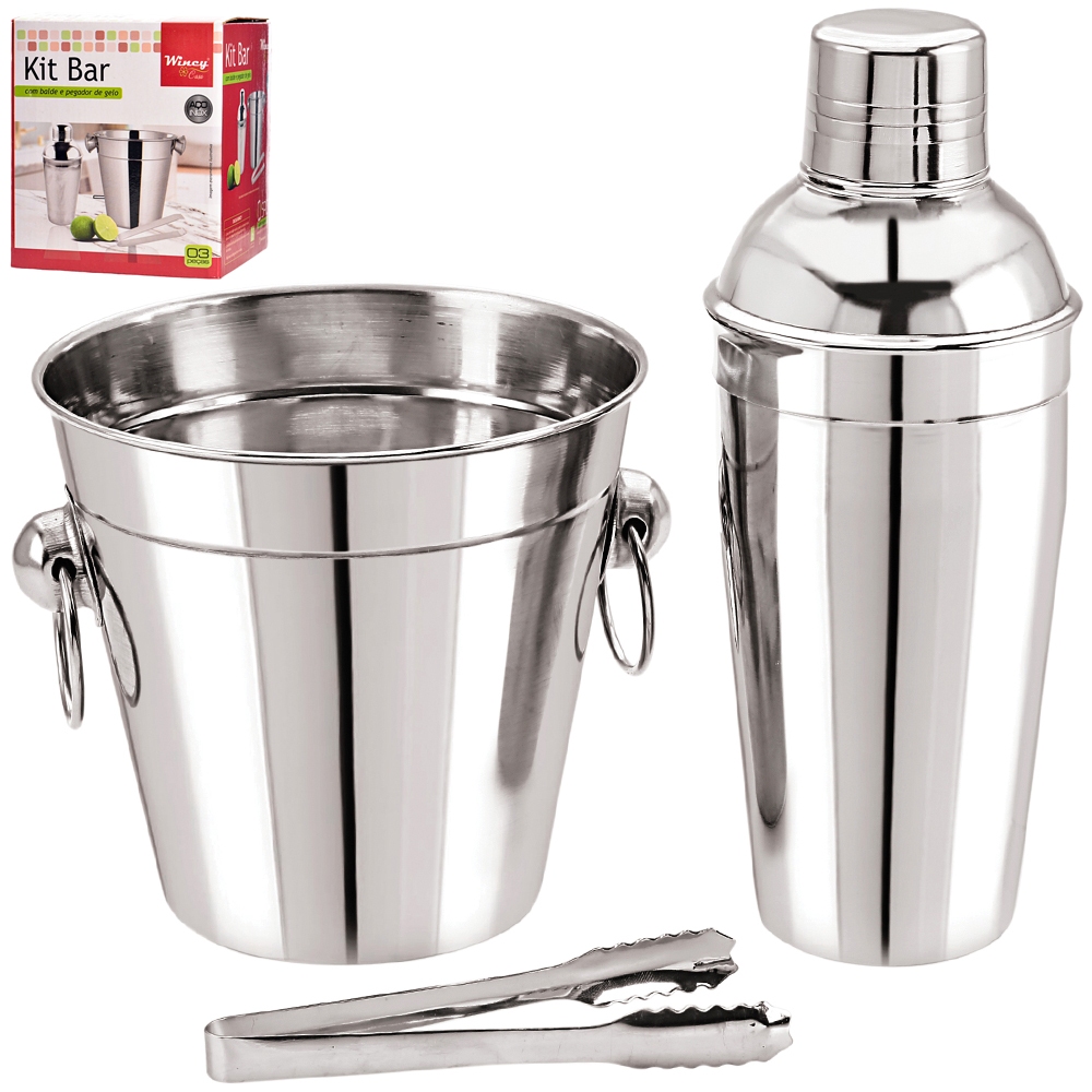 KIT BAR BALDE DE GELO REDONDO COM ALCA 1L + COQUETELEIRA SHAKEIRA 500ML E PEGADOR DE INOX