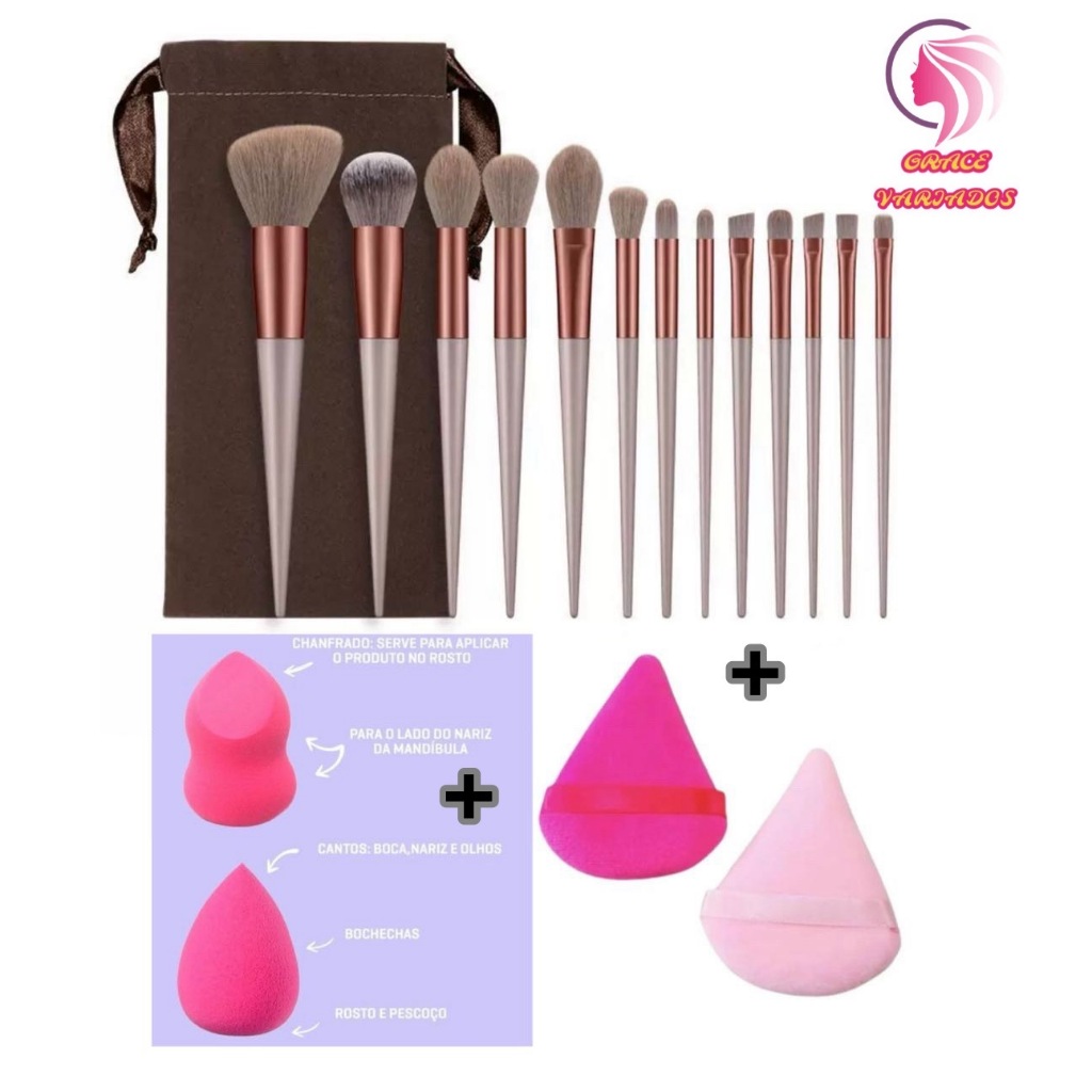Kit de Pincel 13 + 2 Esponjas + 1 Kit esponja de Pó diamante COR aleatório