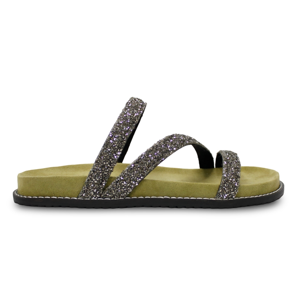 Sandália Feminina Papete Strass Brilho Birken Flatform Verde Musgo Ju Pietra