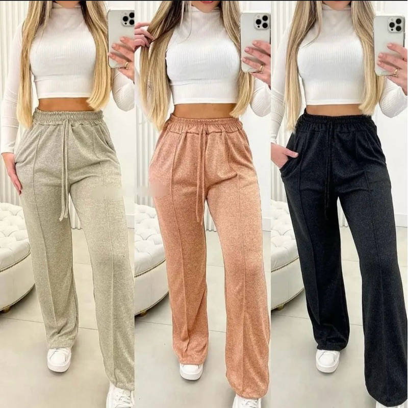 CALÇA PANTALONA LAZINHO CINTURA ALTA COM ELASTICO E BOLSO WIDE LEG TENDENCIA BLOGUEIRA