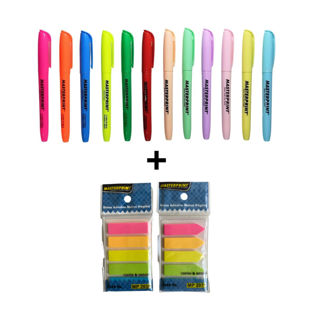 Kit 12 Marca Texto (6 Neon + 6 Pastel) + 2 Bloco Adesivo Seta e Reto Marcador de Página MASTERPRINT em Oferta na Shopee