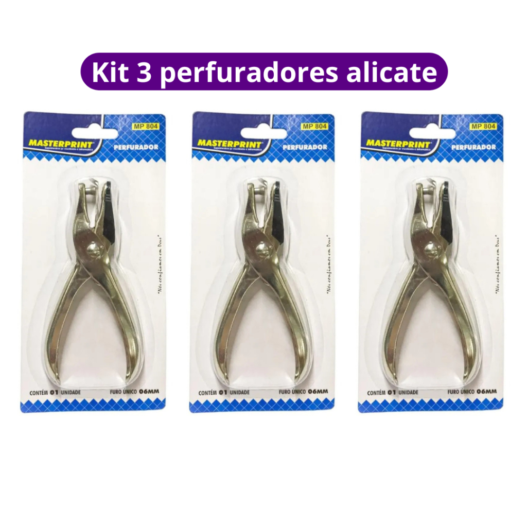 Kit 3 Perfurador Furador de Papel Alicate 1 Furo em Metal Aço Resistente MasterPrint