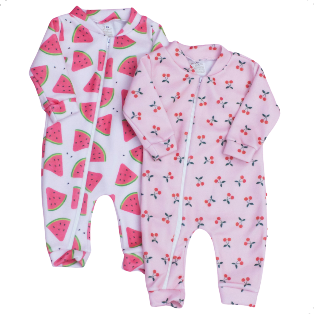Combo Macacão Bebê Menina 02 Peças Zíper Soft Quentinho Estampado Cerejinha e Melancia Mac...