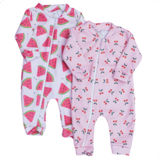 Combo Macacão Bebê Menina 02 Peças Zíper Soft Quentinho Estampado Cerejinha e Melancia Mac...