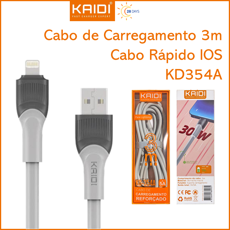 Cabo Carregamento Turbo 30W USB para Lightning iPhone 3m Reforçado KAIDI KD-354A