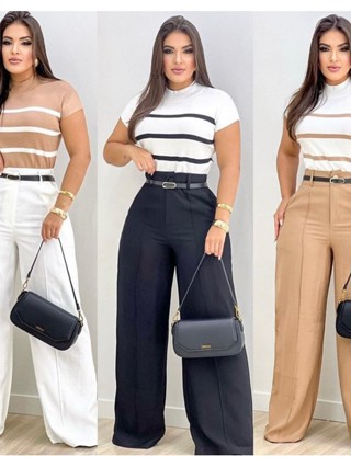 Calça Feminina Pantalona Alfaiataria Elegante Tendência Com Cinto Bolso Cintura Alta Disfa...