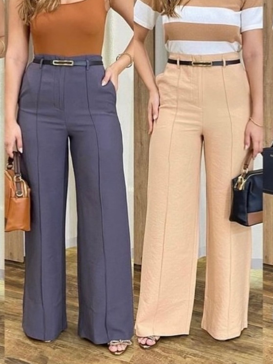 Kit 2 Calças Pantalona Feminina ZARA Modelo Calça Social de Alfaiataria, Cintura Alta com Cinto e Bolso Elegância Luxo Tendencia Blogueira