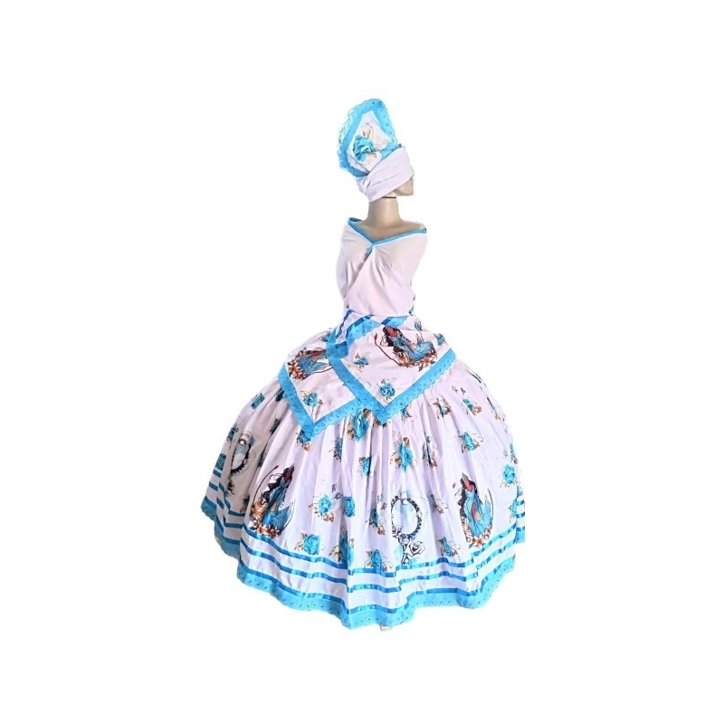 Vestido Yemanjá Azul Turquesa - Roupa Yemanjá Flores com Abebe