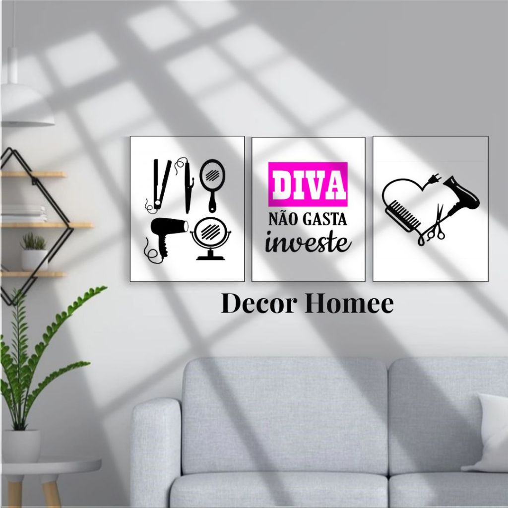 Kit 3 Quadros plaquinhas decorativas Cabeleleiro, Diva nao gasta, salão de beleza decoração
