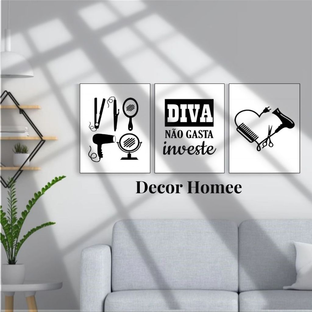 Kit de 3 Quadros placas decorativa salão de beleza, studio de beleza, Diva não gasta Diva investe