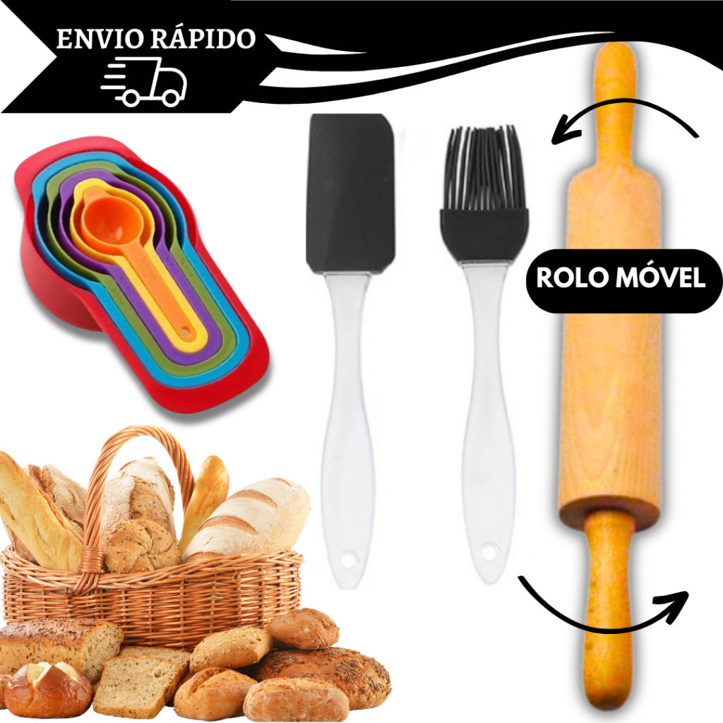 Kit 4 itens Para Confeiteiro, Rolo de Massas + Espátula + 6 Colheres Medidoras + Pincel Si...