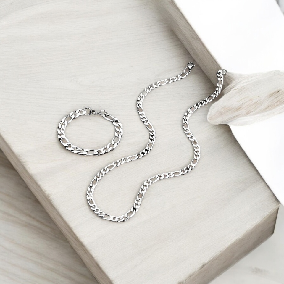 Cojunto Corrente mais pulseira 20cm cordão Masculino 60cm Aço Inox 316L Prateado