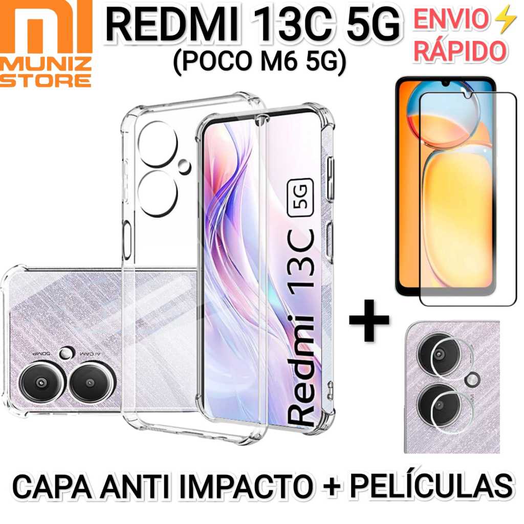 Kit Capa Redmi 13C 5G/Poco M6 5G India Xiaomi Capinha Anti Impacto Transparente + Películas em Oferta na Shopee