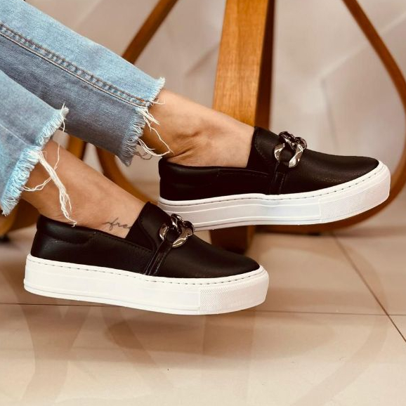 Tênis Feminino Casual Calce Fácil Slip On Iate Plataforma corrente Abs costurado