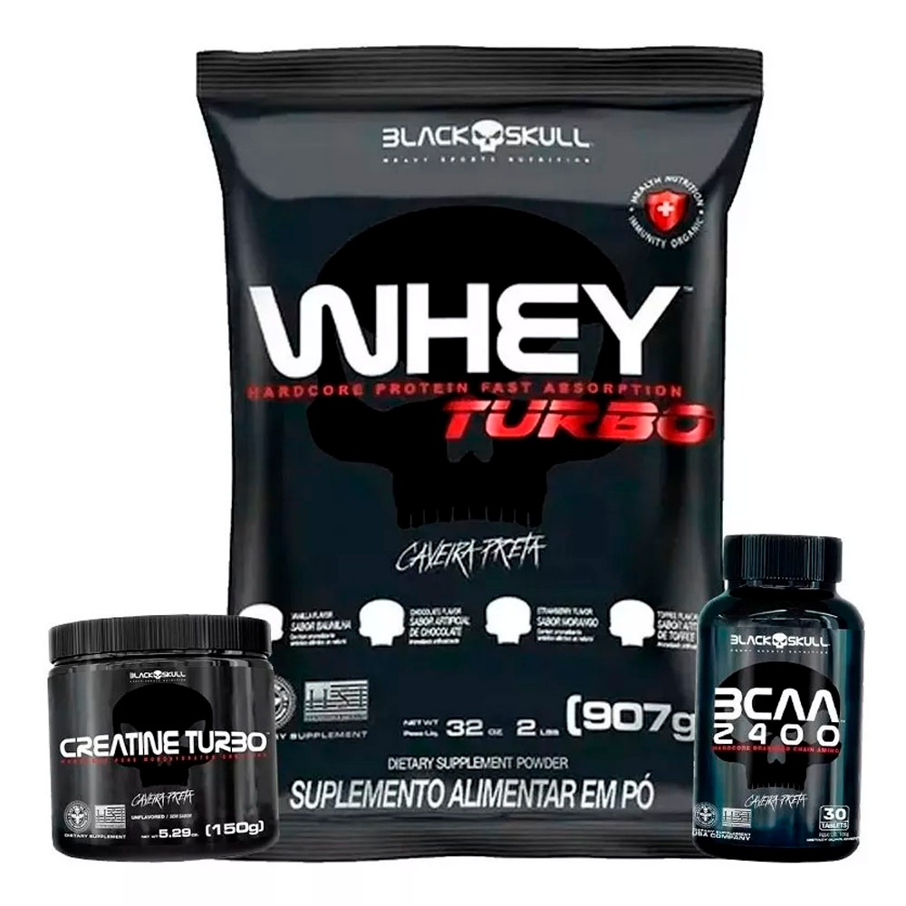 Kit Whey Protein Turbo 907g + Bcaa 30 Cápsulas + Creatina 150g - Caveira Preta / Black Skull