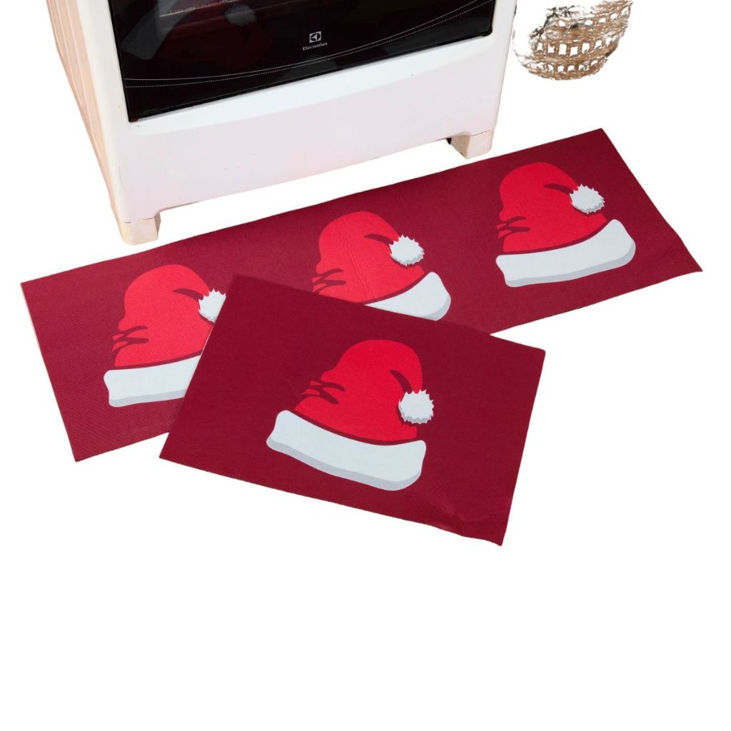 Kit Tapete Jogo Sala Cozinha 2 Peças Passadeira Antiderrapante Emborrachado Gorro Papai Noel